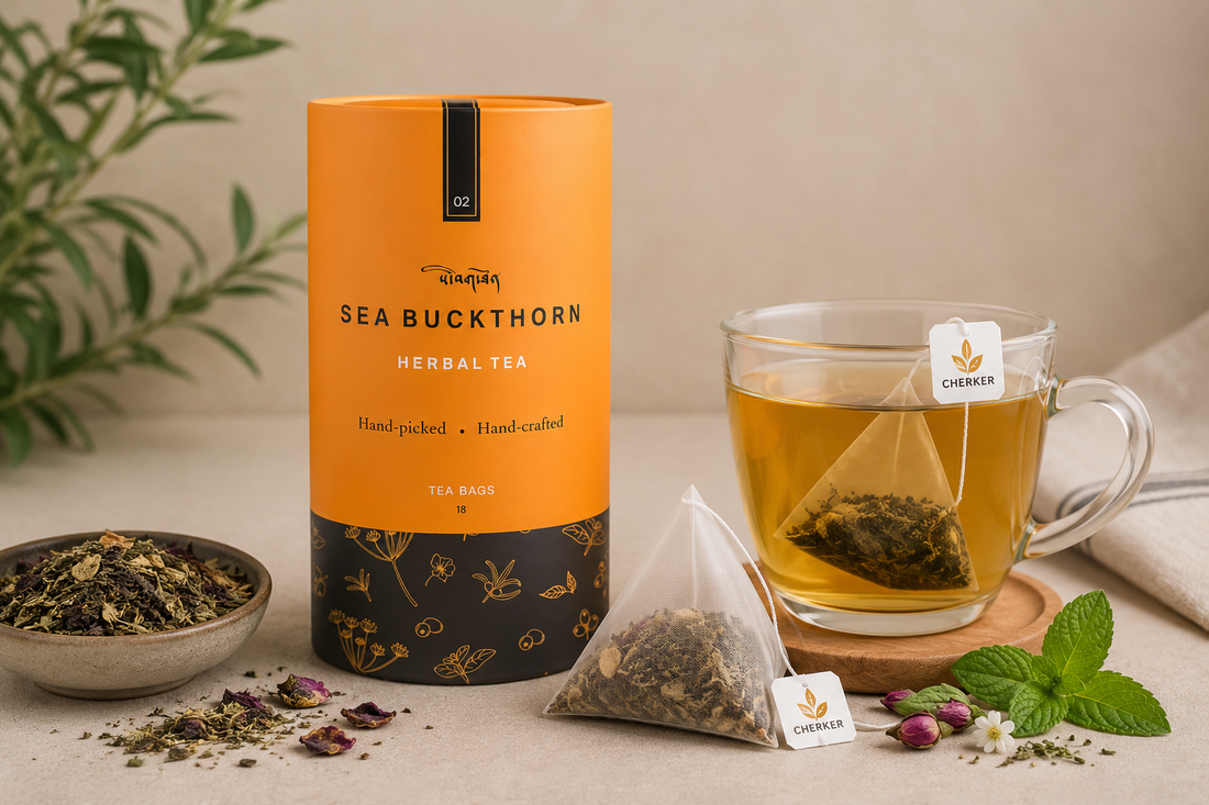 Cherker sea buckthorn herbal tea box with an opened tea bag, brewed tea and dried herbs
