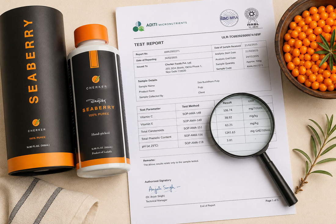 Cherker sea buckthorn pulp beside a laboratory report showing sample, method and result columns