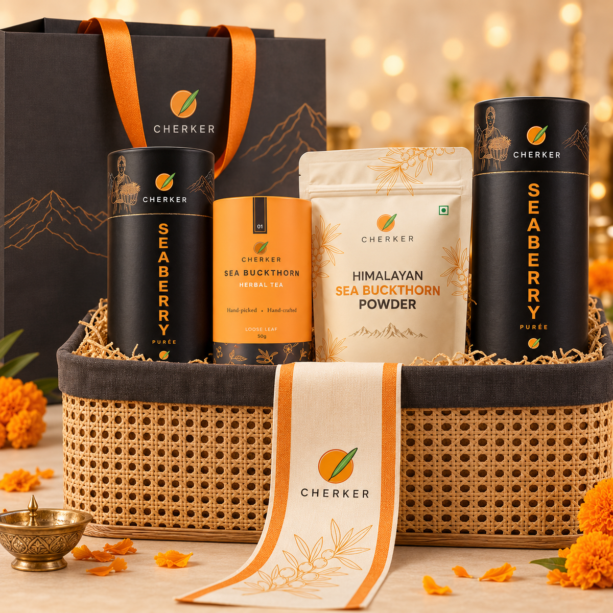 A Cherker branded gift basket set featuring two black Seaberry tins, a yellow Sea Buckthorn tin, a white Himalayan Sea Buckthorn Powder pouch, a black shopping bag, and a woven basket with a cream-and-orange draped cloth, styled with orange flowers and warm bokeh lights in the background.
