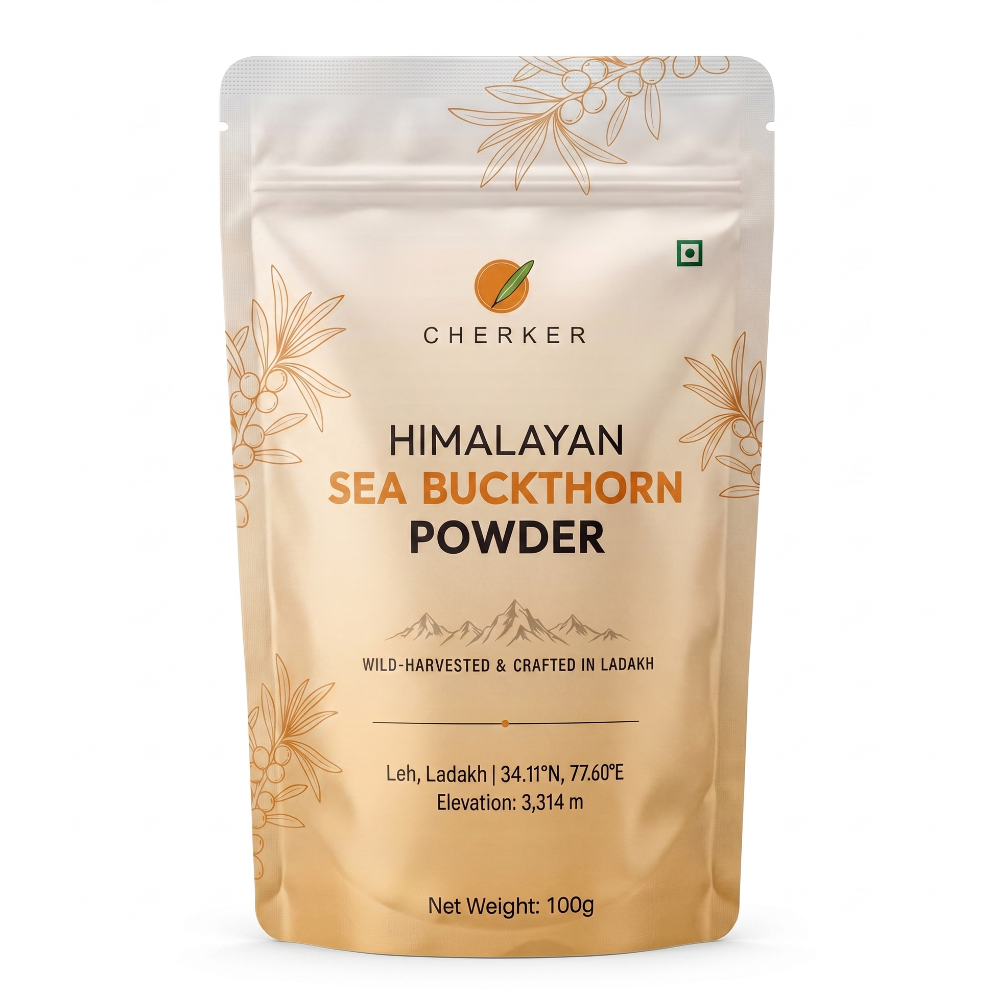 Cherker Himalayan Sea Buckthorn Powder — wild-harvested at 3,314m in Ladakh, 100g resealable pouch, whole berry ground with Omega-3 6 7 & 9 intact, no additives