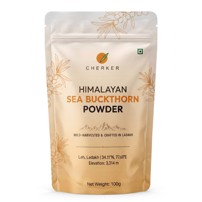 Cherker Himalayan Sea Buckthorn Powder — wild-harvested at 3,314m in Ladakh, 100g resealable pouch, whole berry ground with Omega-3 6 7 & 9 intact, no additives