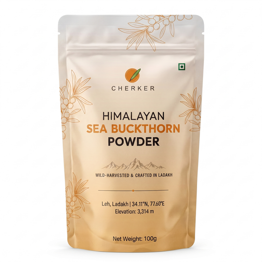 Cherker Himalayan Sea Buckthorn Powder — wild-harvested at 3,314m in Ladakh, 100g resealable pouch, whole berry ground with Omega-3 6 7 & 9 intact, no additives