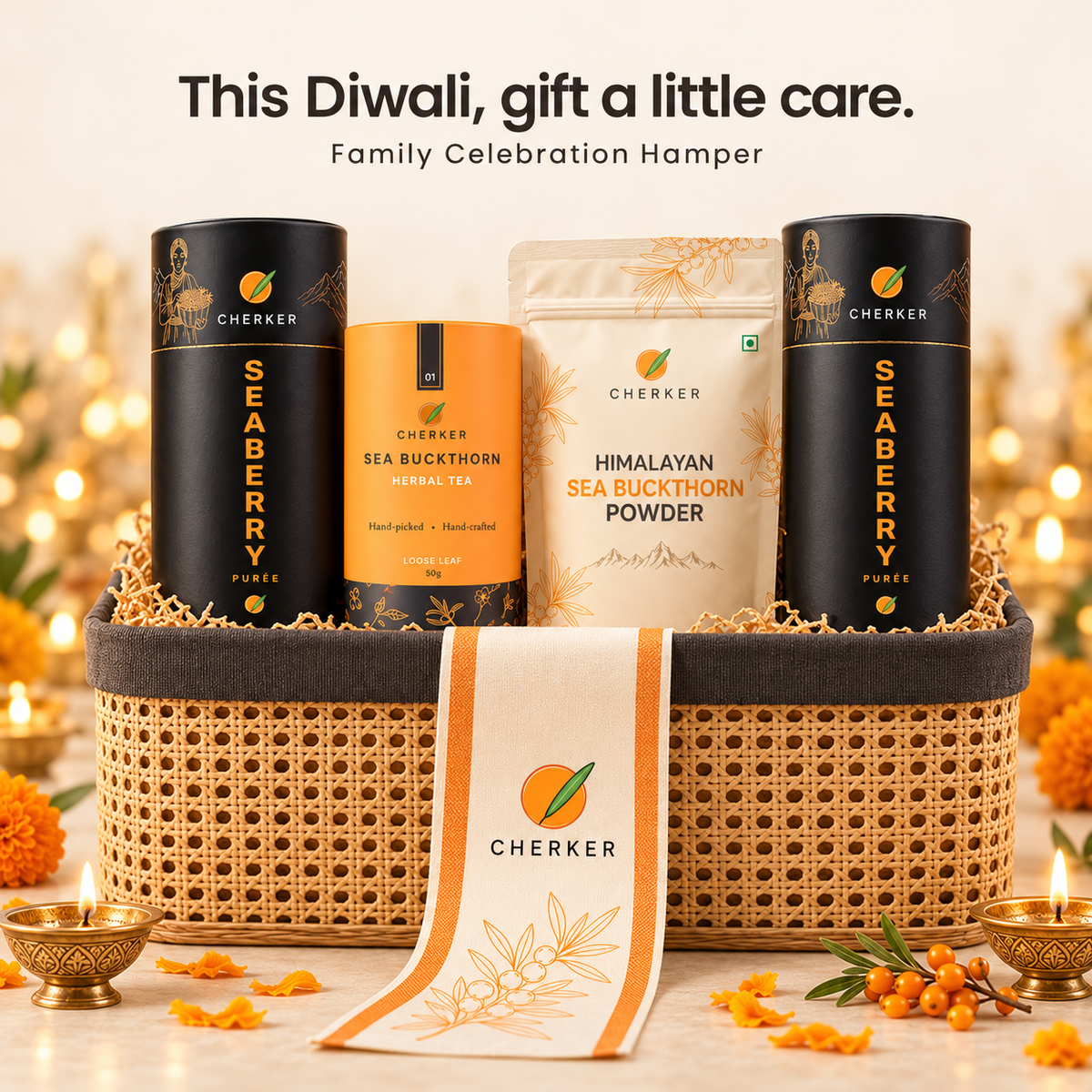 Cherker Family Diwali wellness hamper in a woven basket with two black Seaberry Purée tins, tea canister and Himalayan sea buckthorn powder, with a branded cloth napkin and diyas