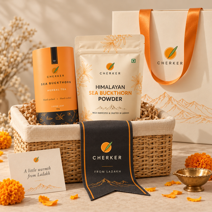 Cherker Himalayan Herbal Tea and Berry Powder Diwali gift set with sea buckthorn tea canister, powder pouch, paper bag and woven basket