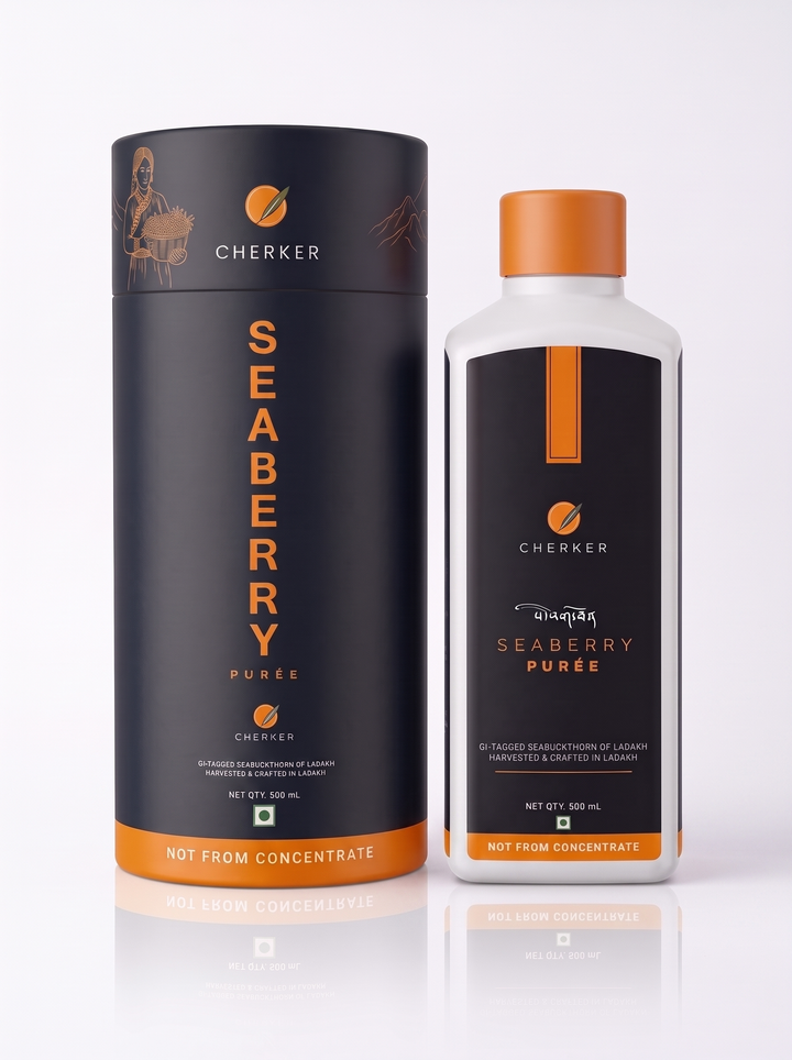 Cherker Seaberry Puree product packaging showing a tall black cylindrical tube and a matching white bottle with an orange cap, on a clean white background.