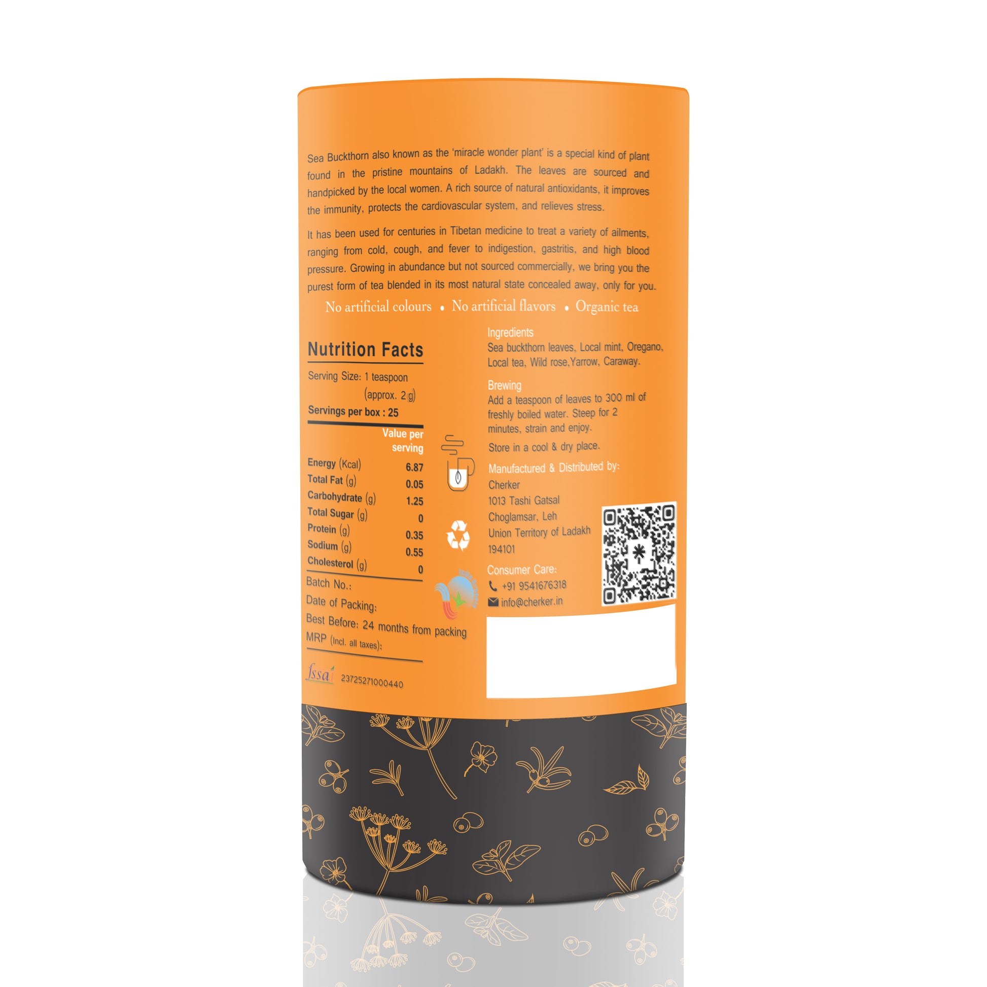 Cherker Sea Buckthorn herbal loose leaf tea with back label, showcasing vibrant orange leaves and detailed product information.