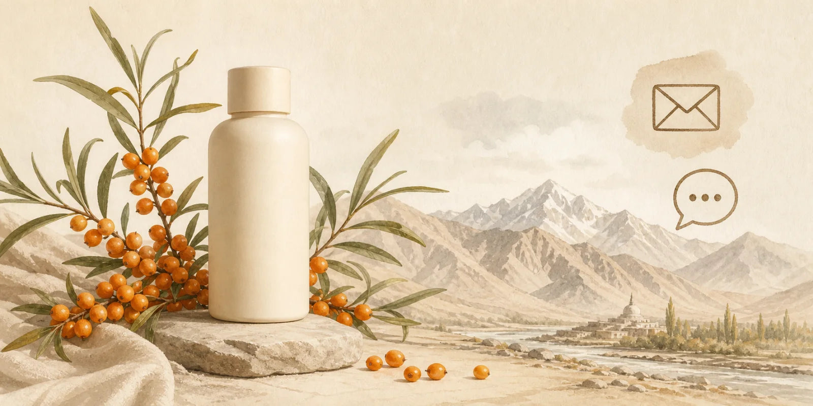 Illustration of sea buckthorn berries, Ladakh mountains, and message icons